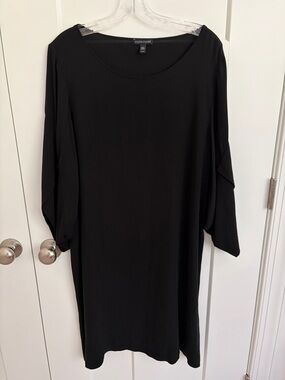 Eileen Fisher 100% Silk Georgette Crepe Dress Shift Size L Black Quiet Luxury